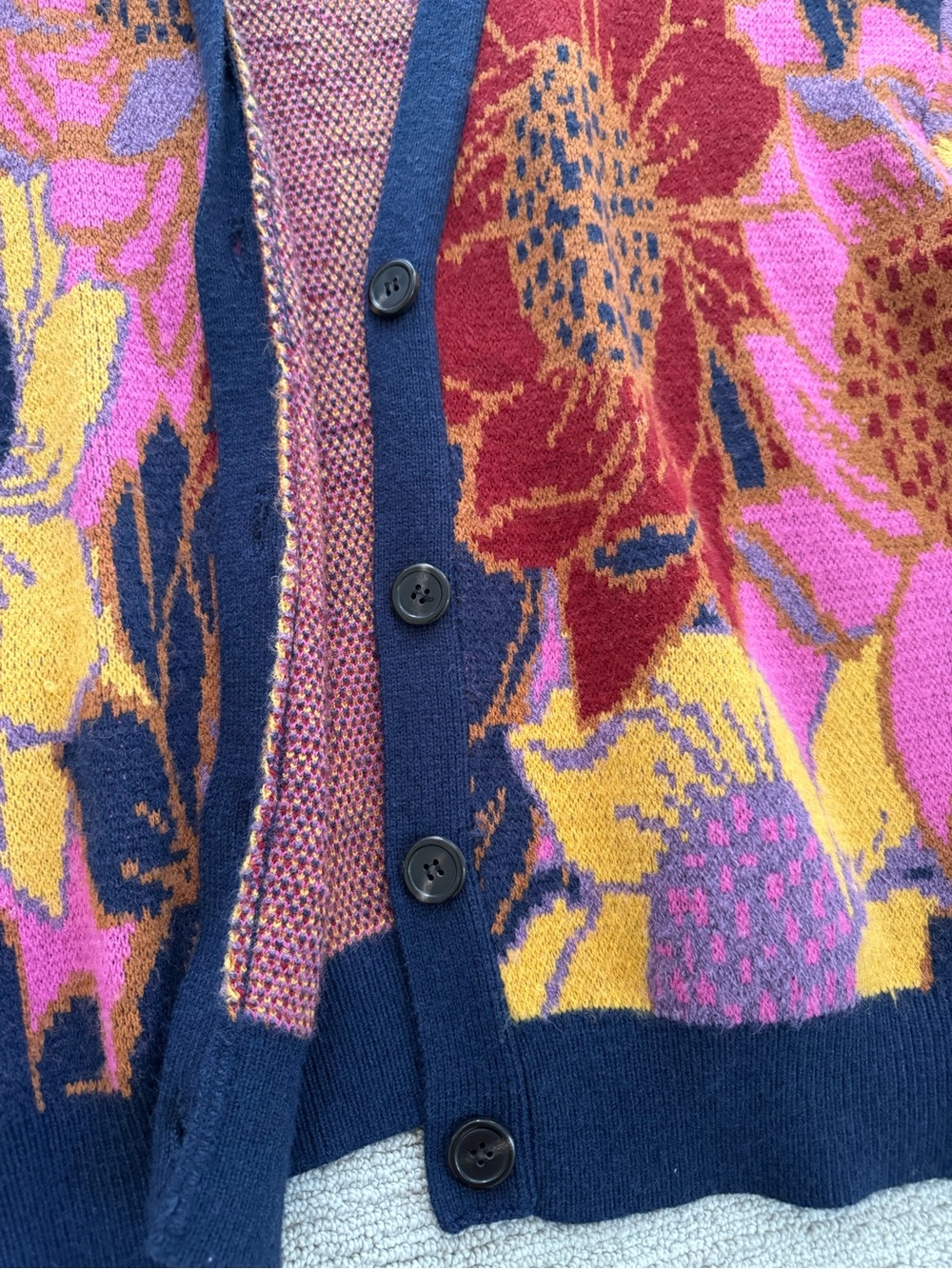 FARM Rio Floral V-Neck Cardigan in Pink, Yellow & Navy - Picture 3 of 4